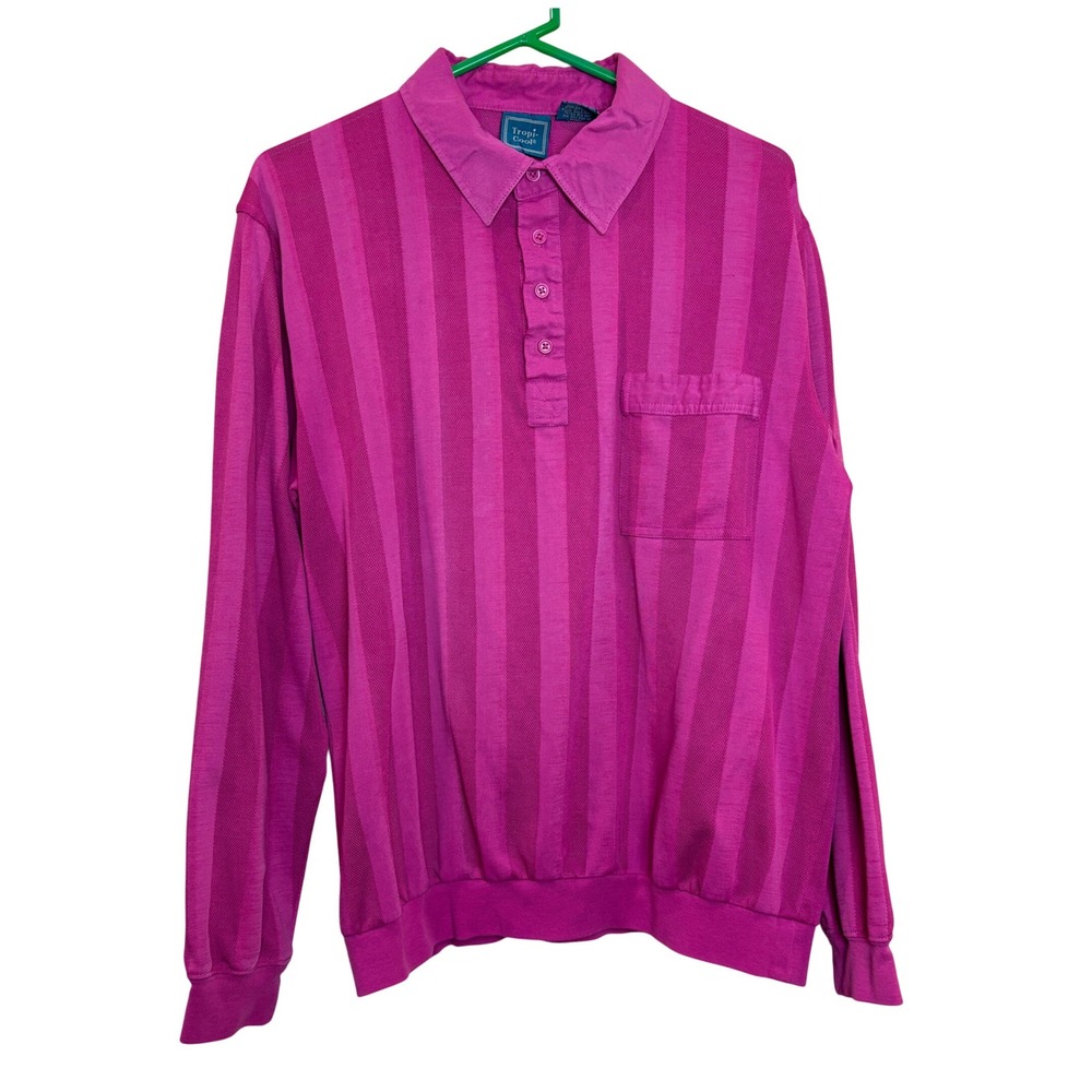 Tropi-Cool Polo Shirt Mens Large‎ Pink Vertical Stripe Long Sleeve Preppy Bright